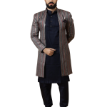 Stunning Mirror Embroidered Grey Open Sherwani with Navy Blue Kurta Pajama for Men - Father Son Combo | Jaipurio